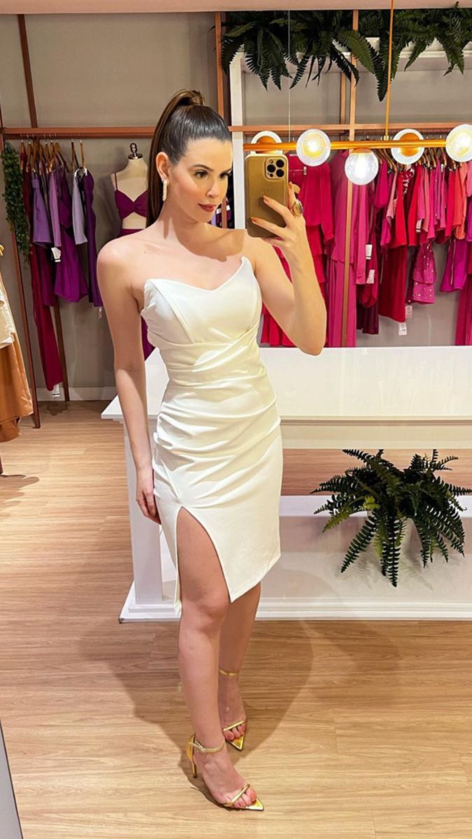 White Strapless Party Dress With Leg Slit,White Homecoming Dress Y4843