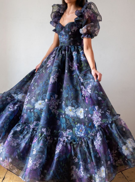 Charming Purple Chiffon Print Floral A Line Long Evening Dress Prom Gown SP224