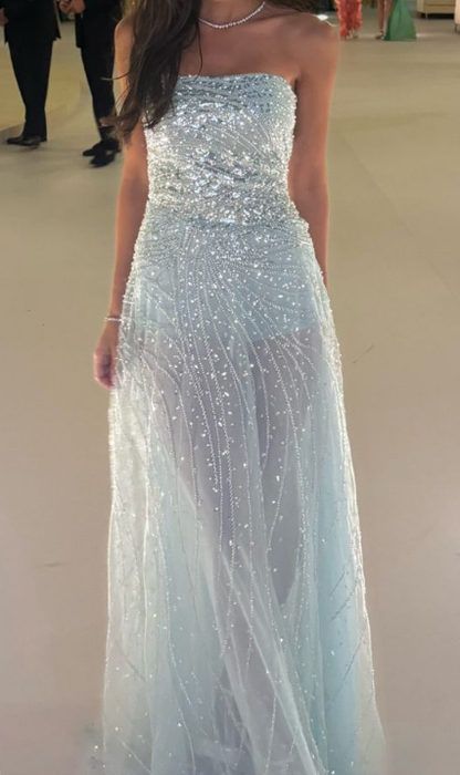 Glitter Strapless Light Blue Tulle Sequin Beaded A Line Long Evening Gown Guest Dress SP330