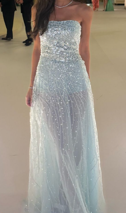 Glitter Strapless Light Blue Tulle Sequin Beaded A Line Long Evening Gown Guest Dress SP330