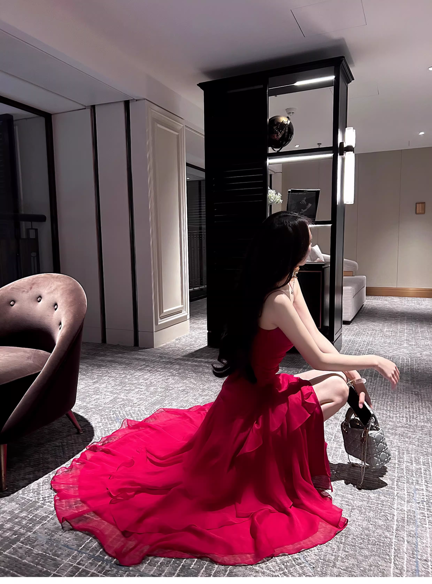 Sexy Spaghetti Straps Red Chiffon Ruffles Mermaid Long Party Dress Formal 20th Birthday Outfits SP1994