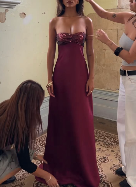 Fashion Strapless Satin Sequin Long Wedding Guest Dress,Burgundy Long Party Dress Prom Gown SP2482