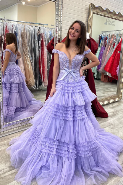 Pink Tulle Lace Off-the-Shoulder Ruffles Tiered Long Prom Dress Y2313