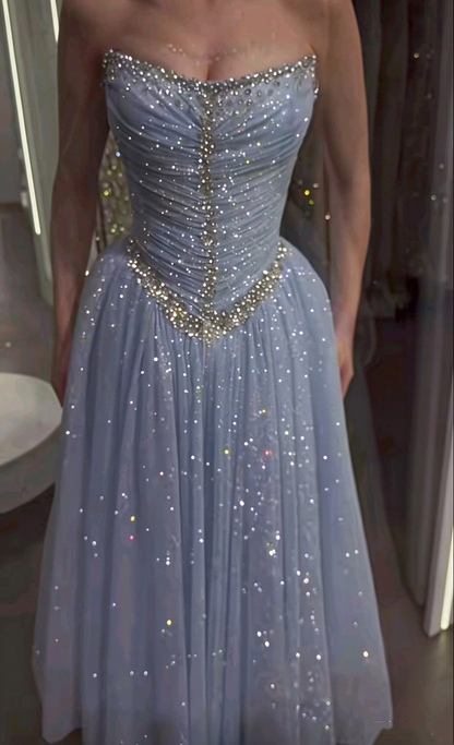 Glitter Strapless Light Blue Tulle Sequin Beaded A Line Long Party Dress Birthday Prom Gowns SP4147