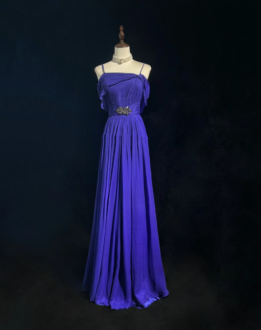 Classy Purple Spaghetti Straps Chiffon Pleated Beaded Long Party Dress Formal Wedding Guest Dress SP1865