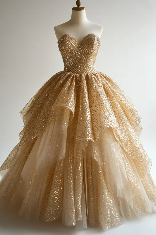 Sparkly Sweetheart Neck Gold Tulle Sequin Formal Ball Gown Quinceanera Dress SP376