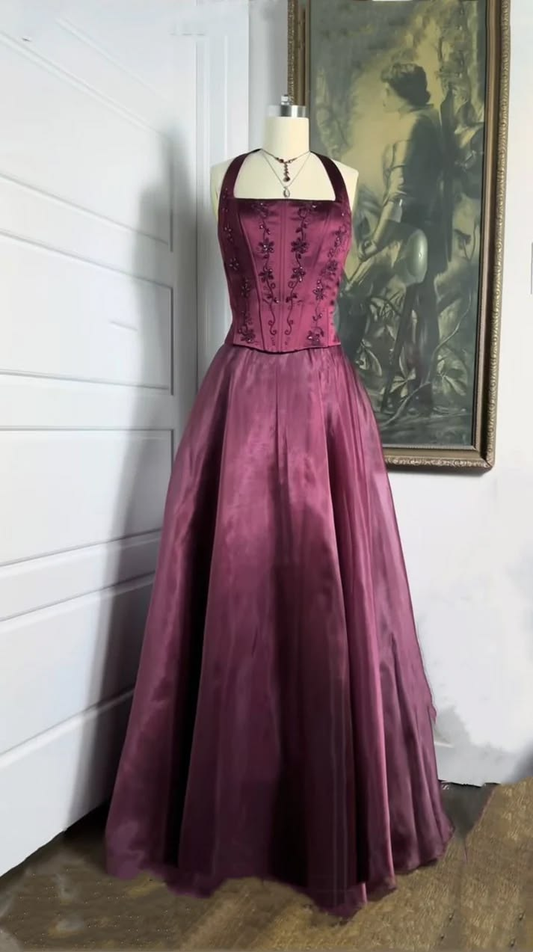 Vintage Burgundy Satin Beaded A Line Long Party Dress Prom Dresses SP2113