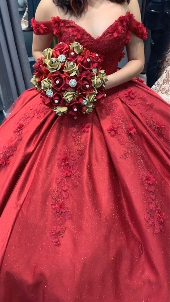 Red Off The Shoulder Ball Gown With Appliques Sweet 16 Dress  Y6454