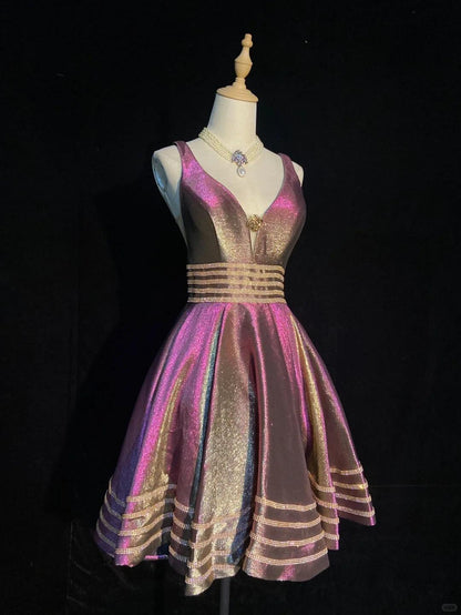 Shiny V Neck Satin Beaded A Line Short Prom Dress,Purple Short 6th Grade Homecoming Dress SP2912