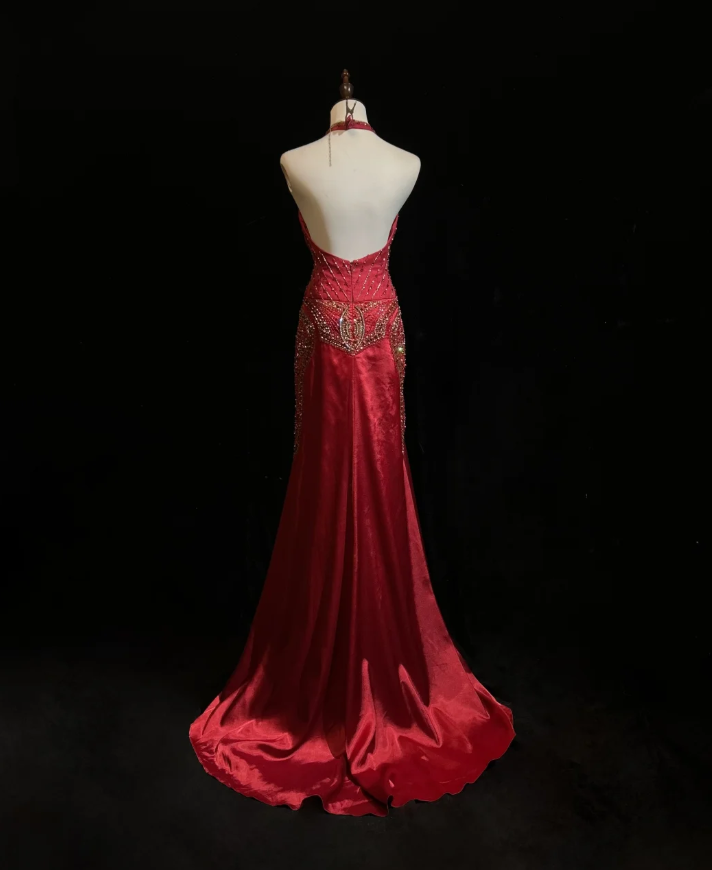 Elegant Halter V Neck Red Satin Beaded Mermaid Prom Dress Long Backless Birthday Party Gowns SP1862