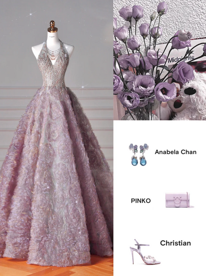 Glamorous Halter Purple Tulle Flowers Beaded Prom Dress,A Line Evening Dress Wedding Dress Y8625