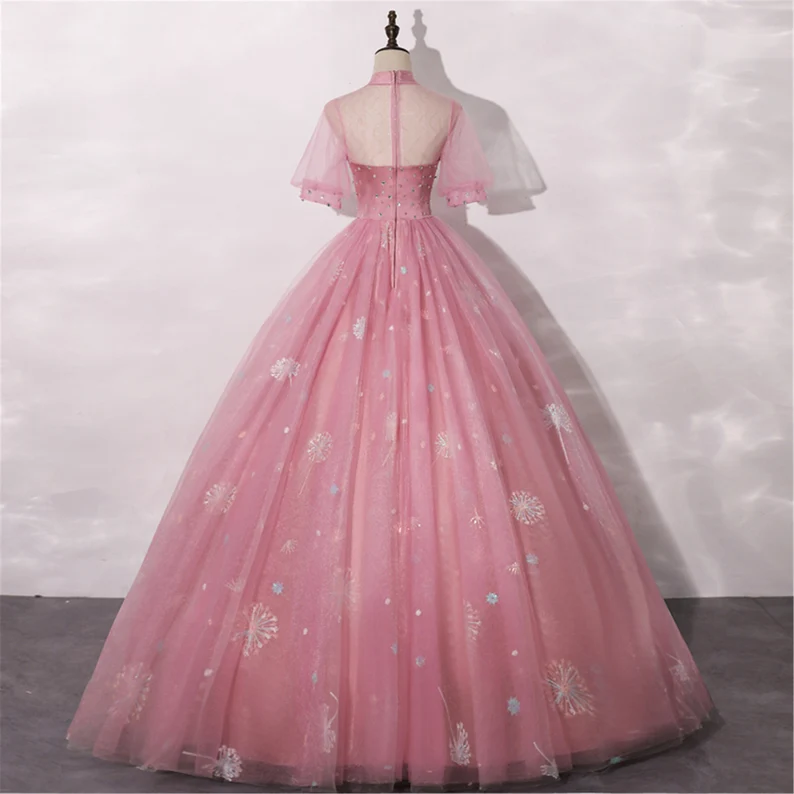 Blush Pink Quinceanera Dress Masquerade Dress A-Line Wedding Dress Floor Length High Neck Bridal Gown Short Sleeves Y2937