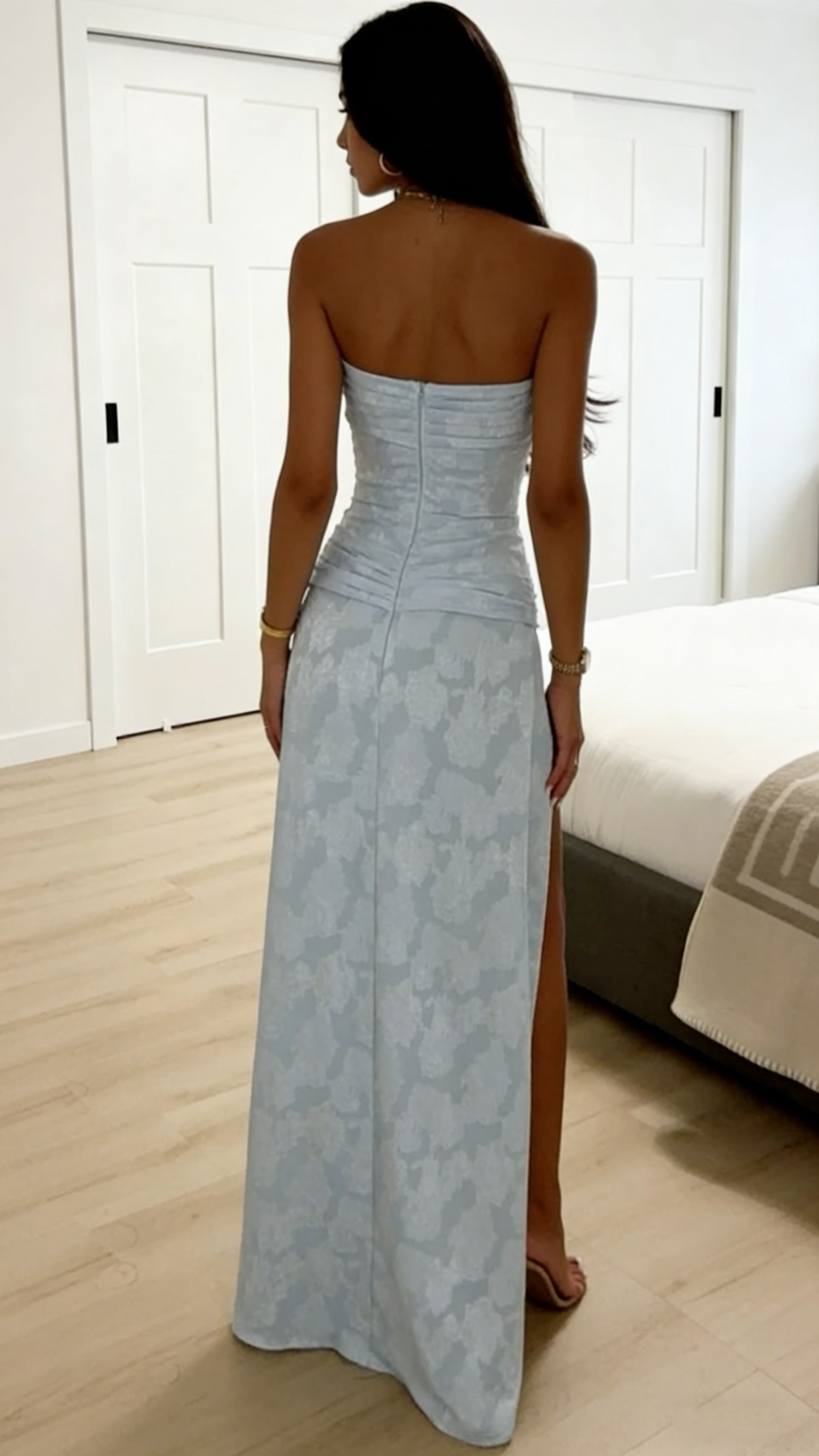 Chic Blue Strapless Satin Print Floral Long Prom Dress,Sheath Slit Evening Dress Y8152