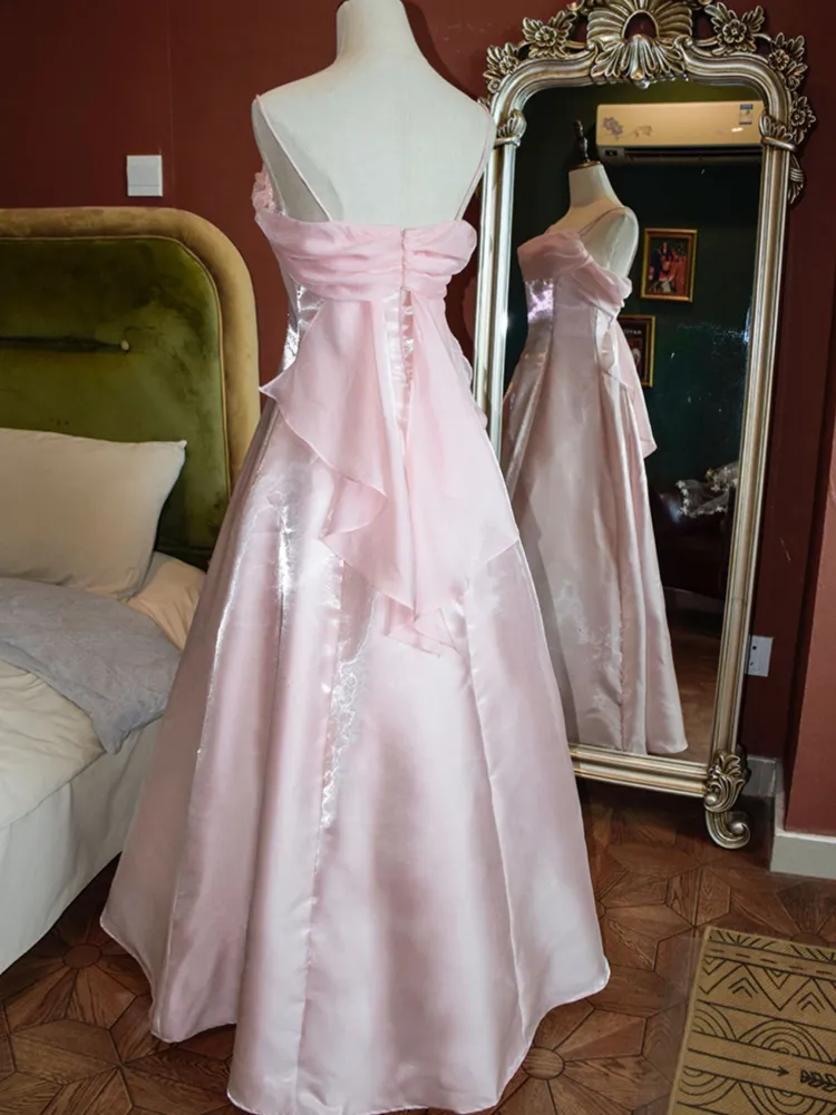 Pink Shimmering Satin Spaghetti Straps Prom Dress Fairy A Line Princess Dress Evening Gown Y7555