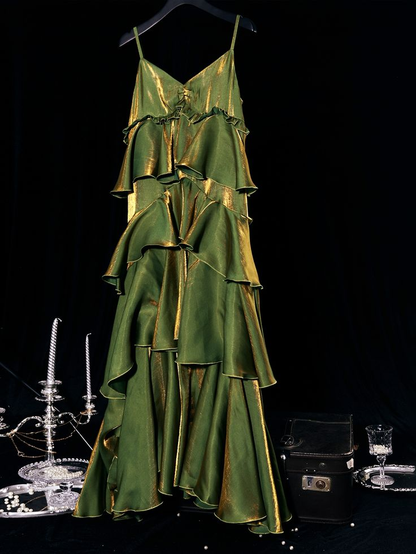 Vintage Green Tiered Flounce Long Prom Dress Party Evening Gown Y7548