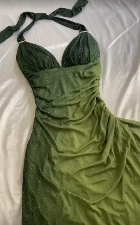 Sexy Halter Ombre Green V Neck Chiffon Long Prom Dress Party Evening Gown Y7484