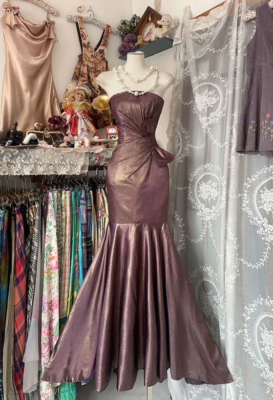 Vintage Strapless Satin Mermaid Long Prom Dress Evening Gown SP738