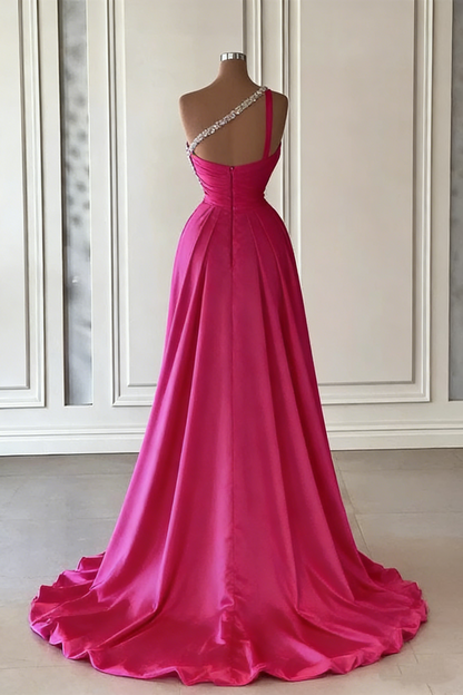 Gorgeous One Shoulder Hot Pink Satin Beaded Long Prom Dress Slit Evening Dress Y7692