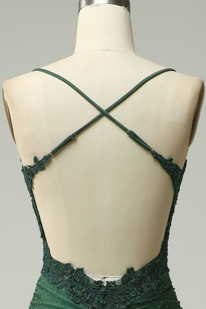 Mermaid Halter Dark Green Long Prom Dress with Appliques Beading Y2989