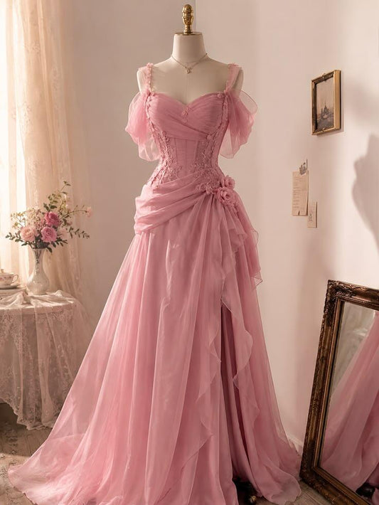 Glamorous Spaghetti Straps Pink Tulle Appliques Mermaid Long Party Dress Birthday Dress SP2588