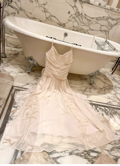 Classy White Spaghetti Straps Chiffon Ruffles Long Wedding Guest Dress Party Dress SP2011