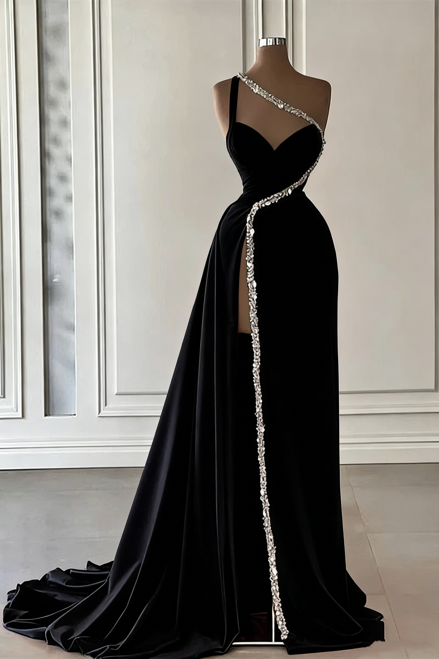 Gorgeous One Shoulder Hot Pink Satin Beaded Long Prom Dress Slit Evening Dress Y7692