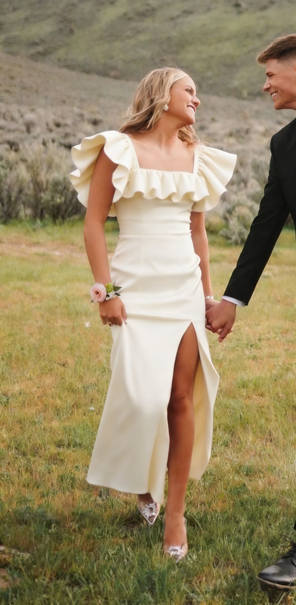Square Neck Flutter Sleeve Hot Pink Long Prom Dress Evening Dress With Split  Y2981