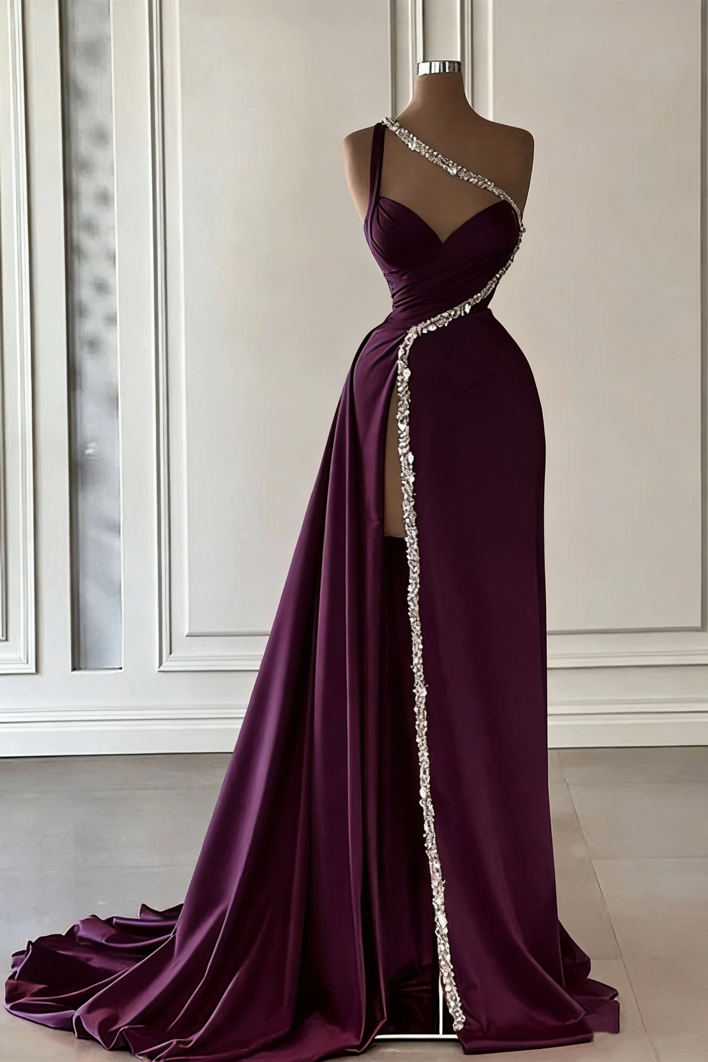 Gorgeous One Shoulder Hot Pink Satin Beaded Long Prom Dress Slit Evening Dress Y7692