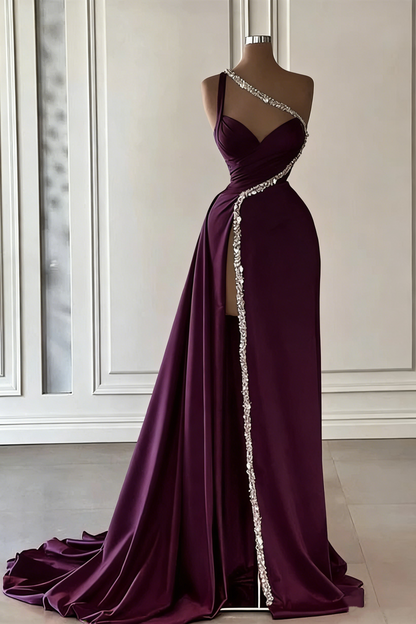 Gorgeous One Shoulder Hot Pink Satin Beaded Long Prom Dress Slit Evening Dress Y7692