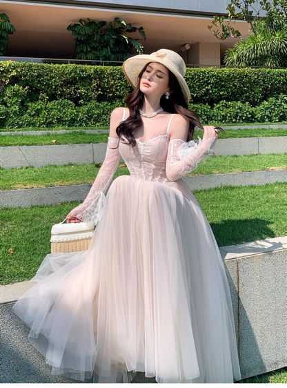 Pretty Pale Pink Spaghetti Straps Tulle Lace Appliques ALine Long Party Dress Birthday Dress SP1975