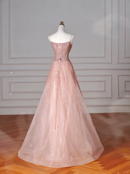 Glitter Pink Tulle Sequins Beaded Prom Dress,Spaghetti Straps A Line Evening Dress Y8619