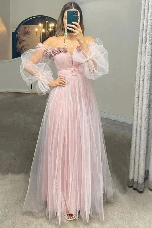 Blush Pink Off-shoulder Puffy Sleeves Tulle Princess Long Prom Dress,Special Occasion Dresses Y6275