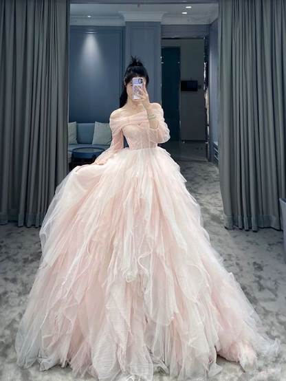 Off The Shoulder Pink Tulle Ball Gown,Pink Princess Dress Y5972