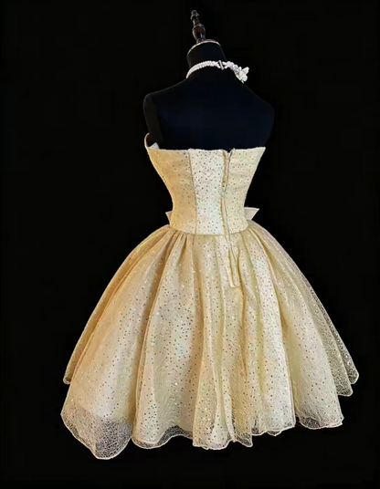 Glitter Champagne Gold Strapless Tulle Sequin Short Homecoming Dress Birthday Outfits With Bow SP2765