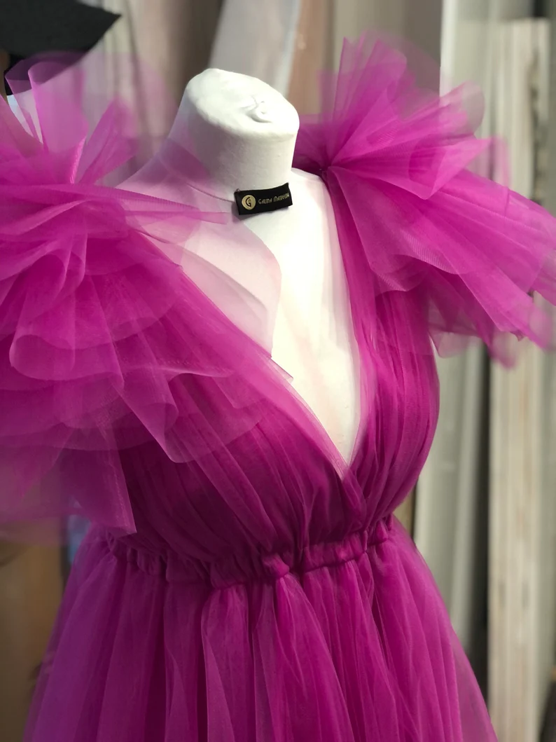 Fuchsia A-line V Neck Tulle Prom Dress  Y2759