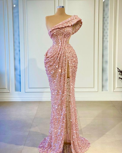 One Shoulder Prom Dresses, Side Slit Prom Dresses, One Shoulder Evening Dresses Y6669