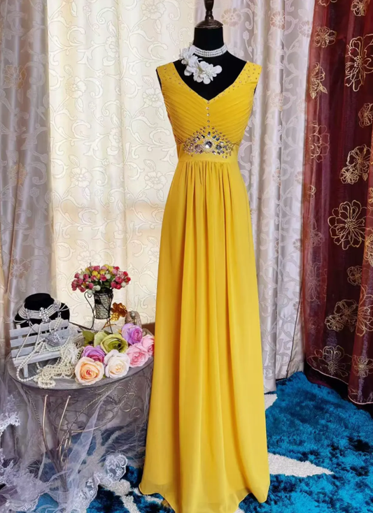 Vintage V Neck Yellow Chiffon Beaded A Line Long Party Dress Prom Dress SP1951