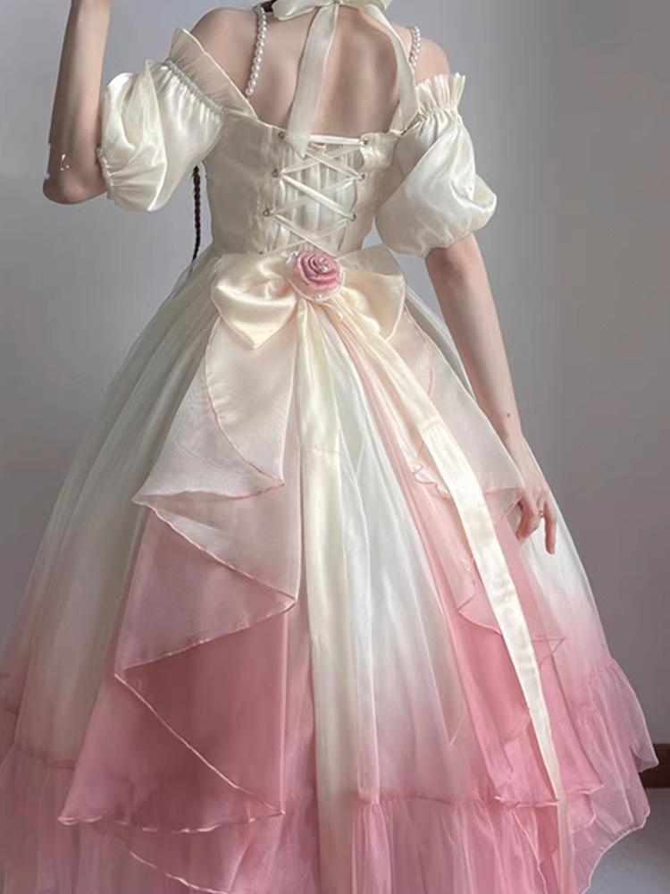 Roses Flowers Masquerade Prom Dress Pink Gradient Floral Wedding Dress Vintage Princess Dress with Pearls Y2401
