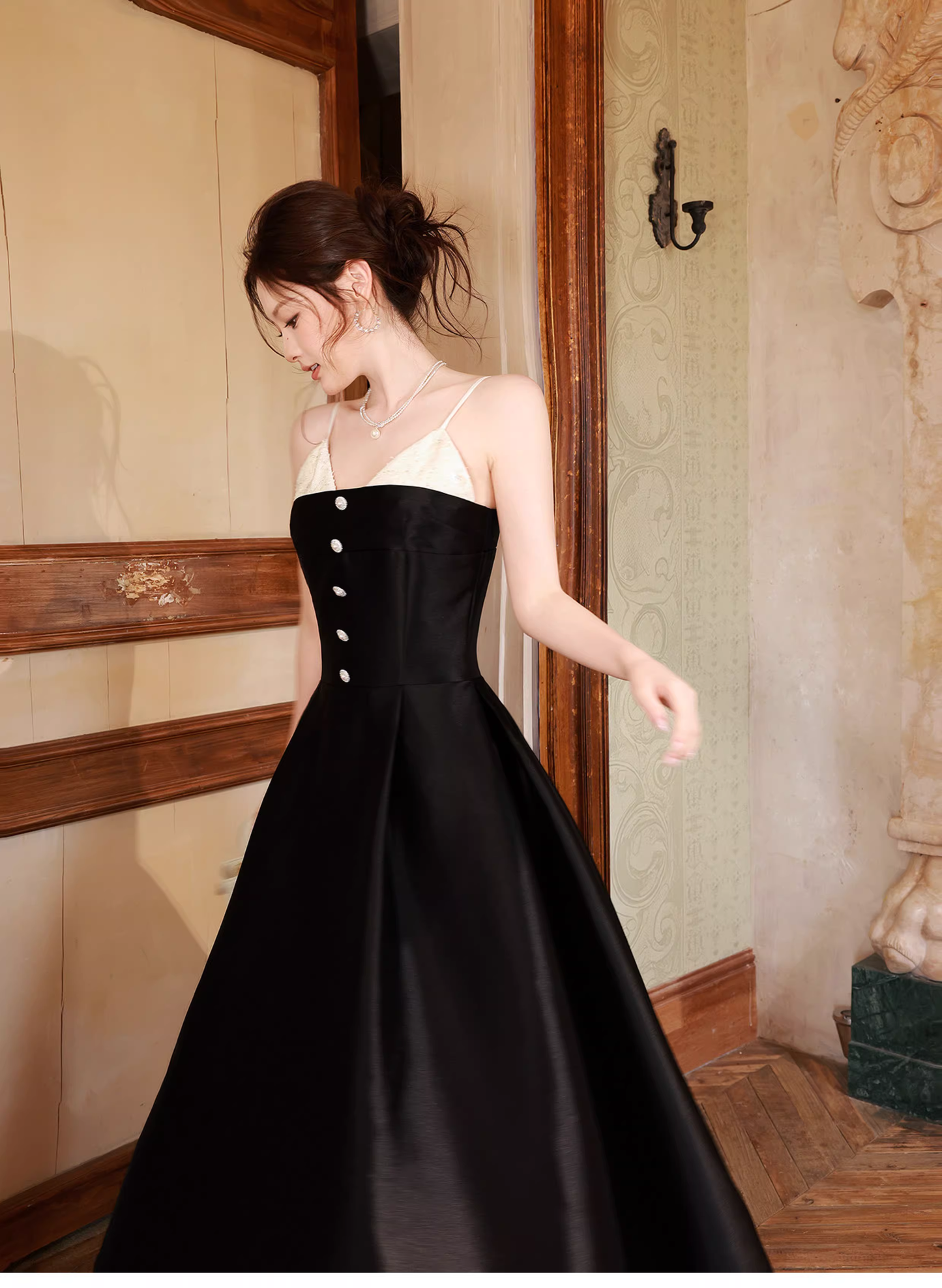 Pretty Spaghetti Straps V Neck Satin A Line Long Evening Dress Black Birthday Dress SP1655