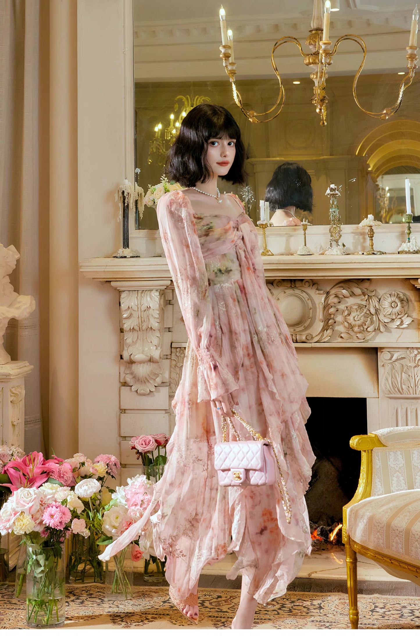 Glamorous Pink Chiffon Print Floral Long Birthday Party Dress Prom Gowns SP2010