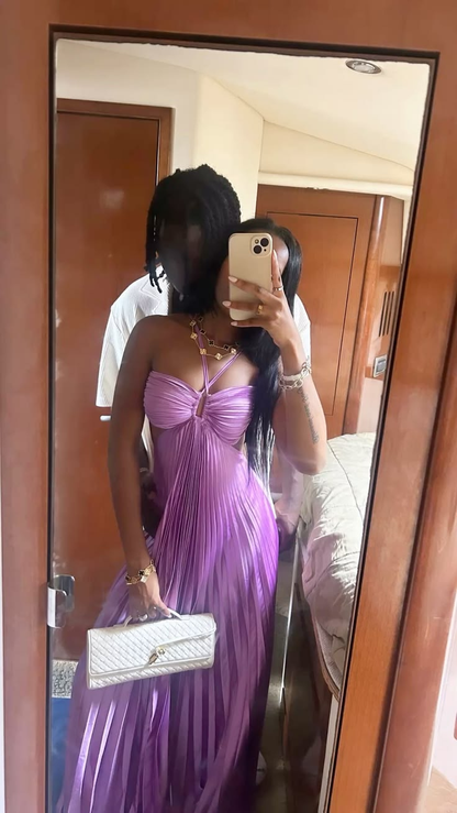 Pretty Purple Halter Satin Pleated Long Party Dress Prom Gown SP3941