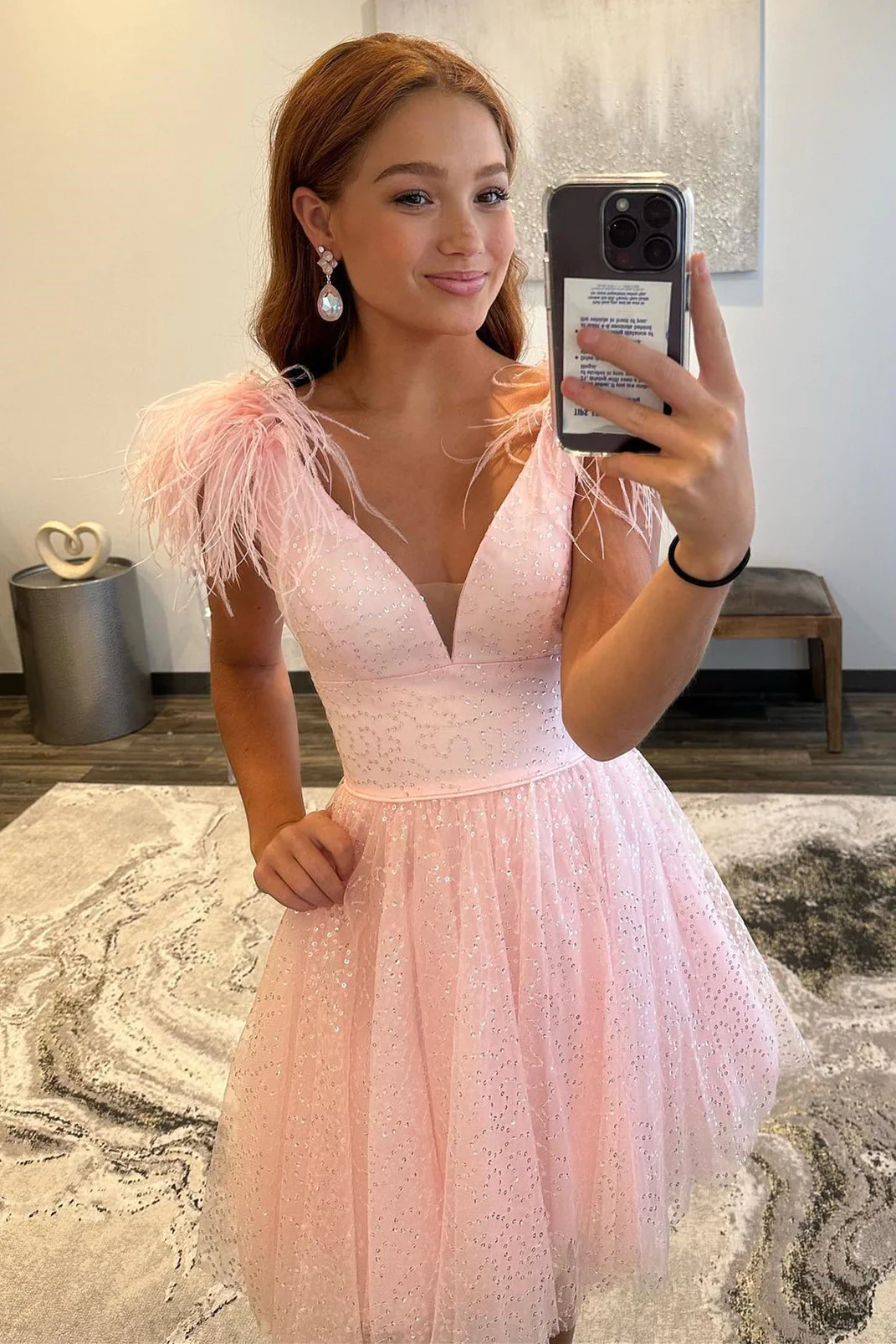 Pink A-line Tulle Deep V Neck Beaded Homecoming Dress with Feathers Y2863