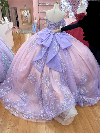 Glamorous Pink-purple Tulle Sequin Beaded Quinceanera Dress Sweet 15/16 Dress With Bow SP4295