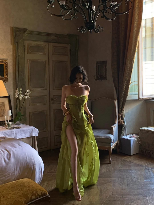 Elegant Green Chiffon Ruffle Slit Long Party Dress,Sweetheart Neck A Line Long Wedding Guest Dress SP3109