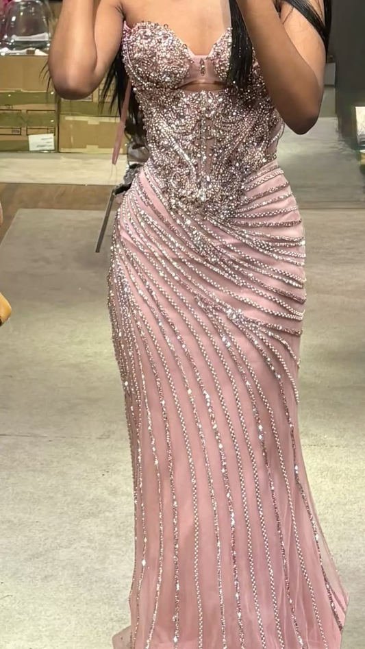 Pretty Pink Satin Tulle Beaded Mermaid Long Prom Dress Birthday Party Dress SP3672