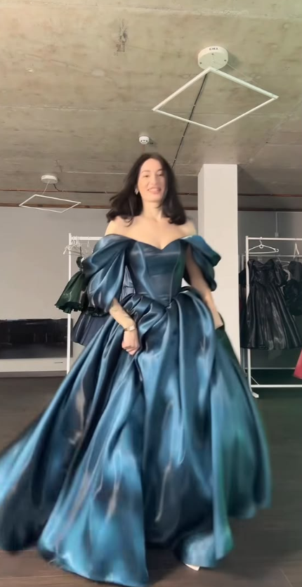 Elegant Off The Shoulder Ball Gown Blue Satin Long Party Dress Birthday Dress SP2144