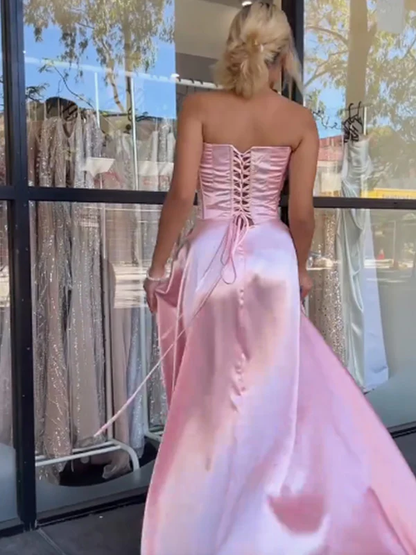 Pink Strapless Beaded Satin Formal Mermaid Prom Evening Dress Y7866
