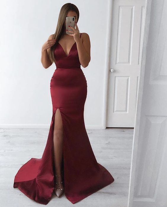 Charming Burgundy V Neck Mermaid Prom Dress With Split Y7049