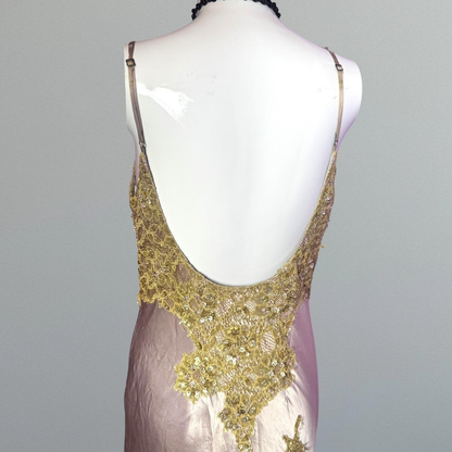 Classy Spaghetti Straps Purple Satin Gold Appliques Side Slit Long Prom Dress Party Dress Y9715