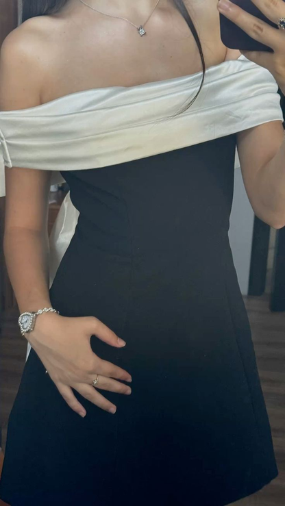 Fashion Black Off The Shoulder Satin Short Cocktail Dress Homecoming Dress SP2804